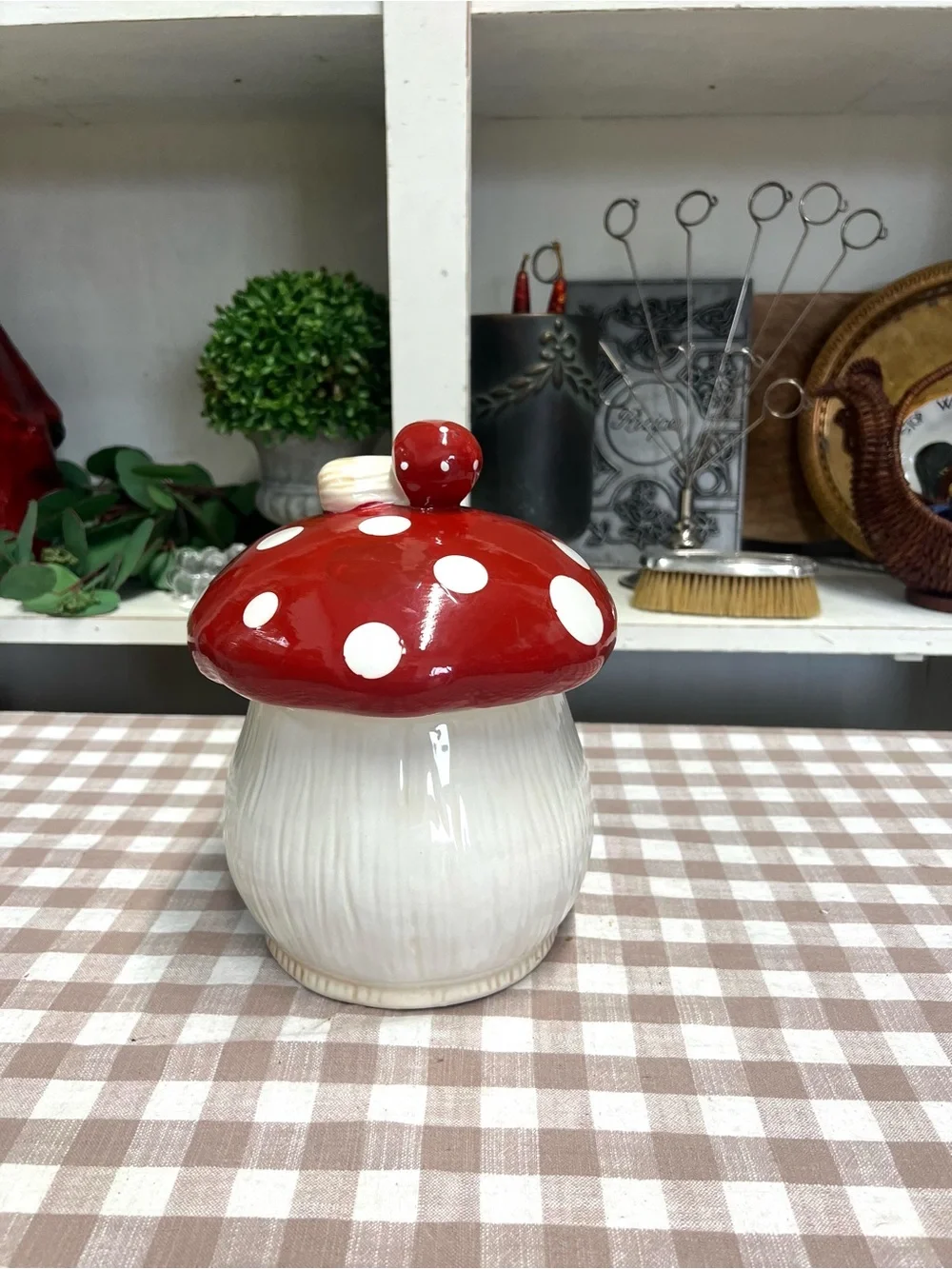 Mushroom canister ceramic red white cookie jar decor
